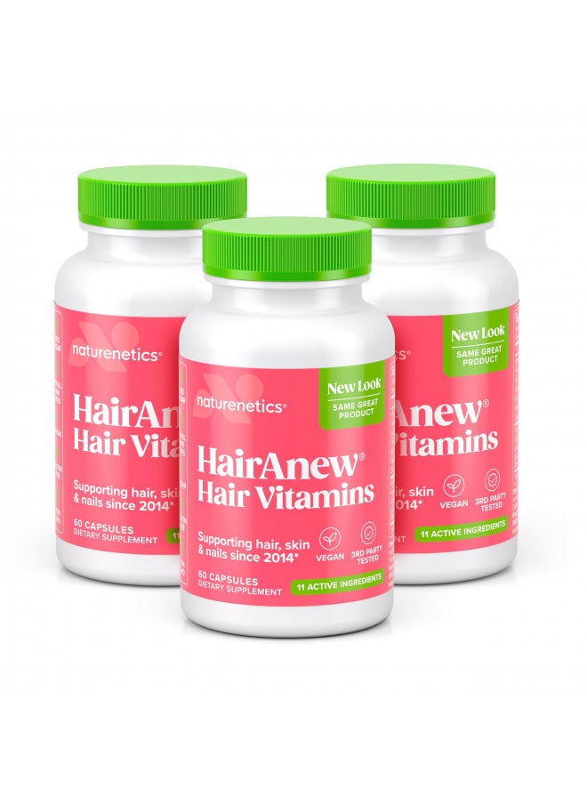 HairAnew Hair Growth Vitamins for Thicker Stronger Hair | Works for Women & Men All Hair Types | 11 Hair Vitamins & Ingredients | 5000mcg Biotin | Vegan | Independently Tested | 60 Capsules (3)