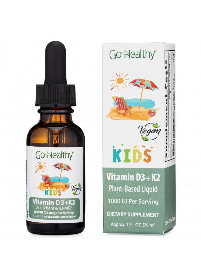 Go Healthy Vitamin D3 K2 Drops for Kids - Contains 25mcg (1000IU) Vegan Liquid Vitamin D & 150mcg Vegan Liquid Vitamin K2 (MK7) Per Serving, Gluten Free, Non-GMO, Vanilla Flavor - 30 Servings