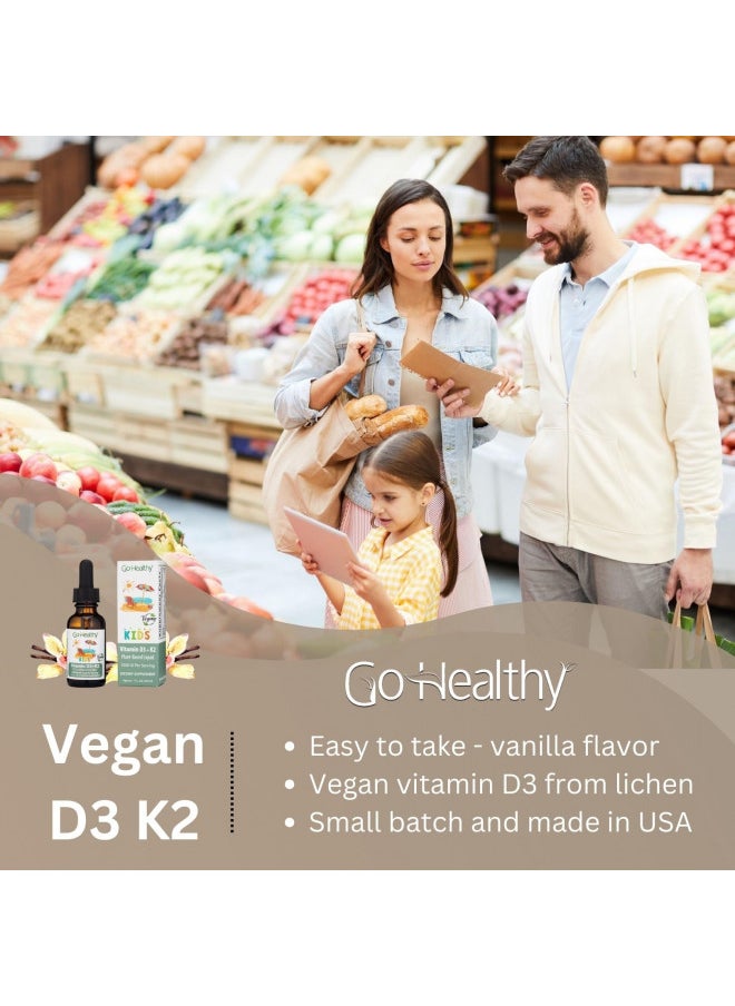 Go Healthy Vitamin D3 K2 Drops for Kids - Contains 25mcg (1000IU) Vegan Liquid Vitamin D & 150mcg Vegan Liquid Vitamin K2 (MK7) Per Serving, Gluten Free, Non-GMO, Vanilla Flavor - 30 Servings