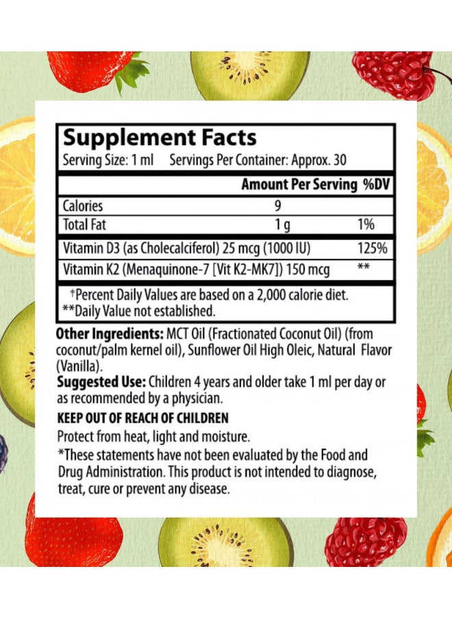 Go Healthy Vitamin D3 K2 Drops for Kids - Contains 25mcg (1000IU) Vegan Liquid Vitamin D & 150mcg Vegan Liquid Vitamin K2 (MK7) Per Serving, Gluten Free, Non-GMO, Vanilla Flavor - 30 Servings