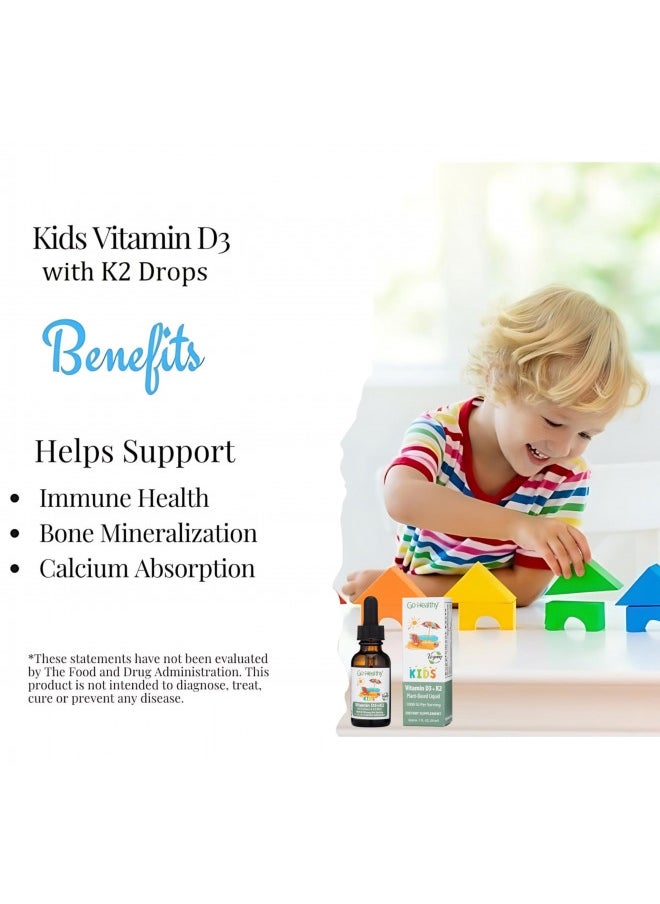 Go Healthy Vitamin D3 K2 Drops for Kids - Contains 25mcg (1000IU) Vegan Liquid Vitamin D & 150mcg Vegan Liquid Vitamin K2 (MK7) Per Serving, Gluten Free, Non-GMO, Vanilla Flavor - 30 Servings