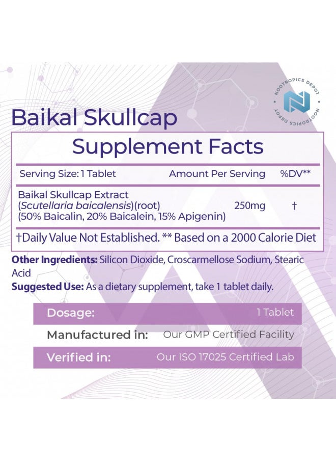 Nootropics Depot Baikal Skullcap Extract Tablets | 250mg | 120 Count | >15% Apigenin, 20% Baicalein, 50% Baicalin