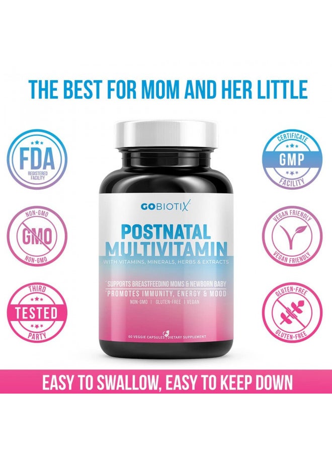 GOBIOTIX Postnatal Vitamins for Women - Postpartum Essentials with Iron, Calcium, Vitamin D2, C, Zinc & Folic Acid for Pregnant Women - Pre & Post Pregnancy - Daily Multivitamin Capsules, Non-GMO