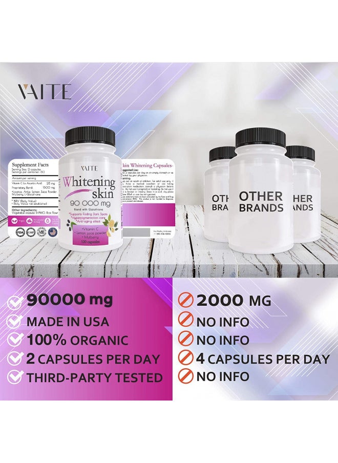 VAITE Glutathione Pills - Dark Spots & Acne Scar Remover - 90000 - Made in USA - Vegan Skin Bleaching Pills with Anti-Aging & antioxidant Effect - 120 Capsules (2 Pack)