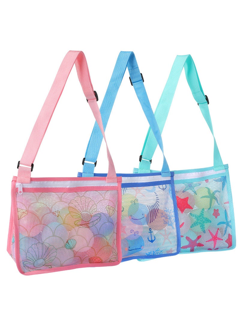 Kids Toy Storage Beach Tote Bag Pink shell + light blue whale + lake blue starfish