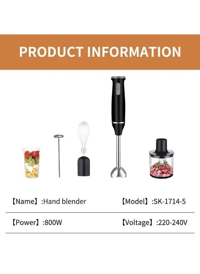 5 in 1 Hand Blender, Chopper, Whisker & Mixer with Durable Stainless Steel Blades, Removable Stick, and Multipurpose Attachments for Smoothies, Soups, and Chopping