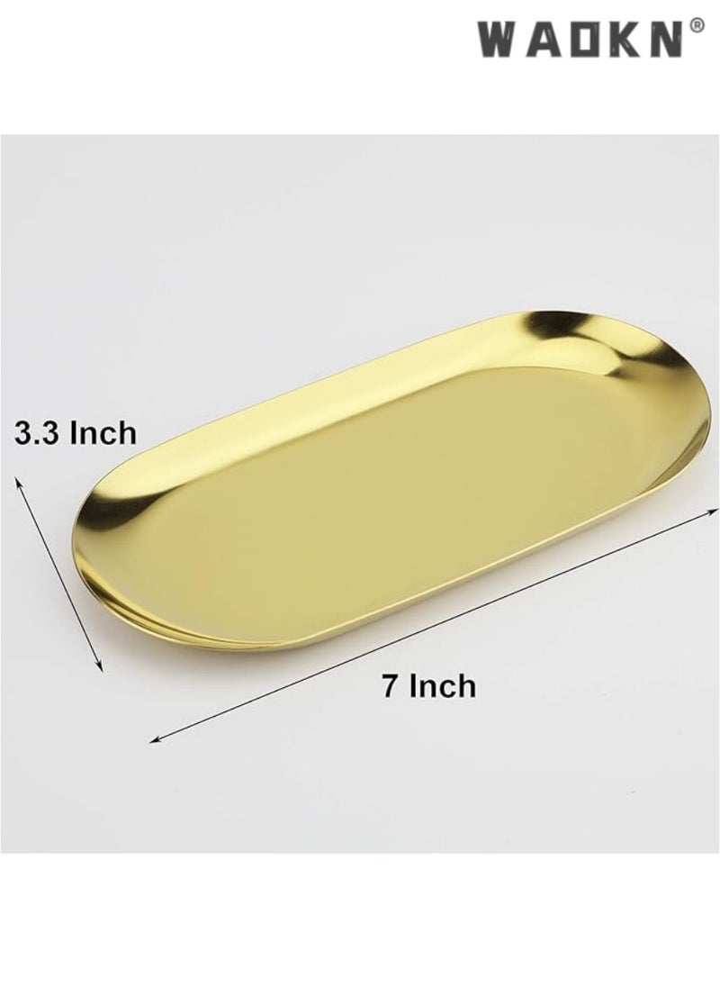 Stainless Steel Decorative Tray, Set of 2, 7 Inch Long, Jewelry Dish Cosmetics Organizer Bathroom Clutter Serving Platter Small Storage Tray, Oval