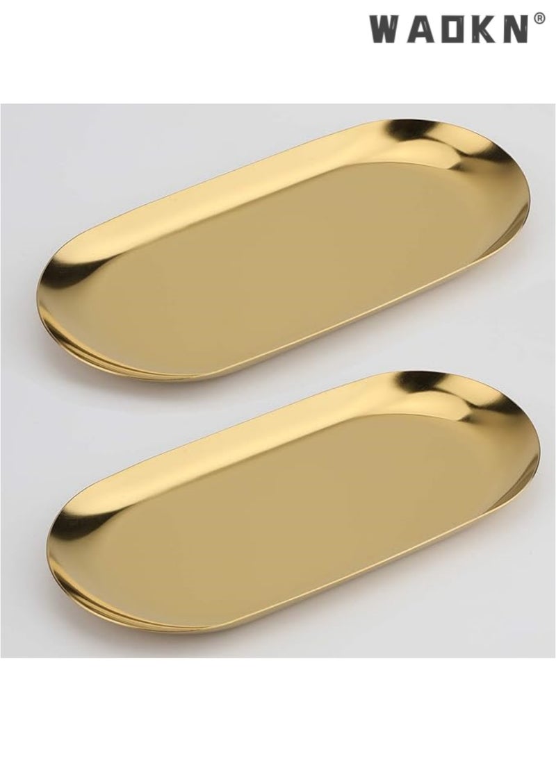 Stainless Steel Decorative Tray, Set of 2, 7 Inch Long, Jewelry Dish Cosmetics Organizer Bathroom Clutter Serving Platter Small Storage Tray, Oval
