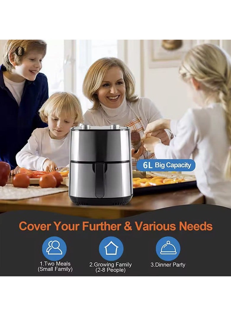 Air Fryer with Fast Heating 6L, Adjustable Temperature, and Dual Rotating Controls – Functions for Heat, Warm, and Defrost, Healthy Cooking with Large Capacity