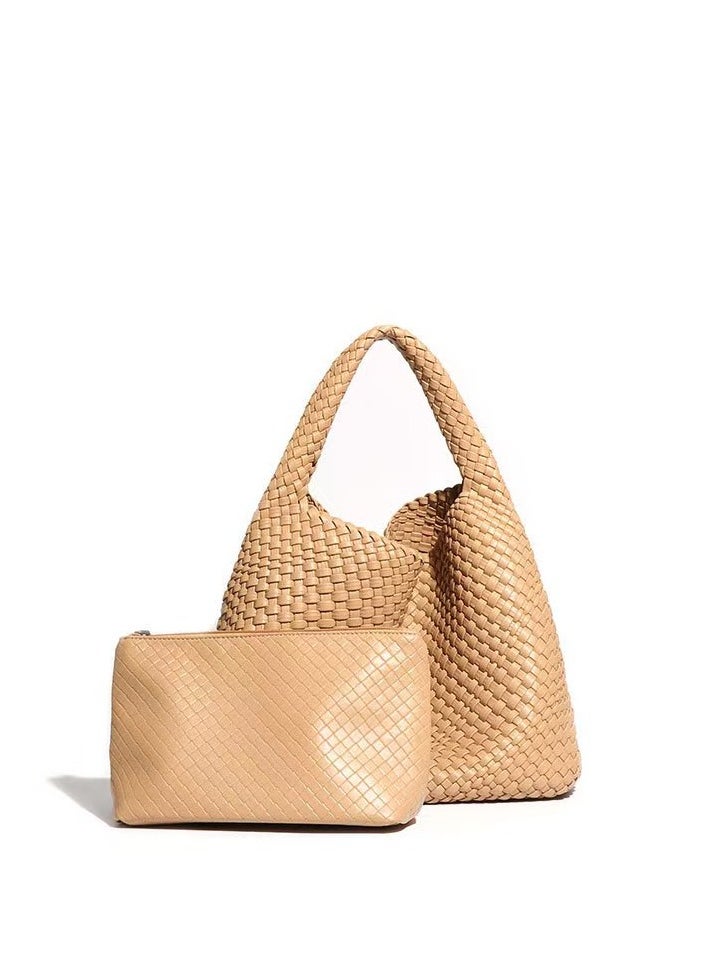 Woven Purse for Women Top-handle Shoulder Bag Soft Tote Bag & Clutch Set- Apricot