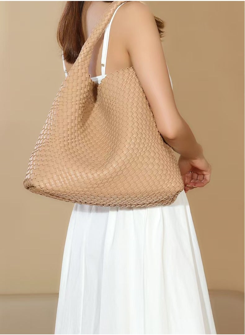 Woven Purse for Women Top-handle Shoulder Bag Soft Tote Bag & Clutch Set- Apricot