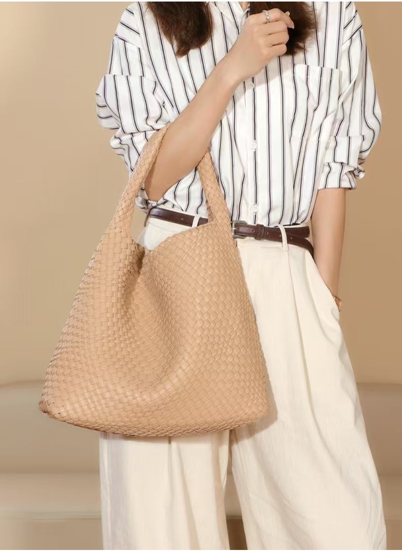 Woven Purse for Women Top-handle Shoulder Bag Soft Tote Bag & Clutch Set- Apricot