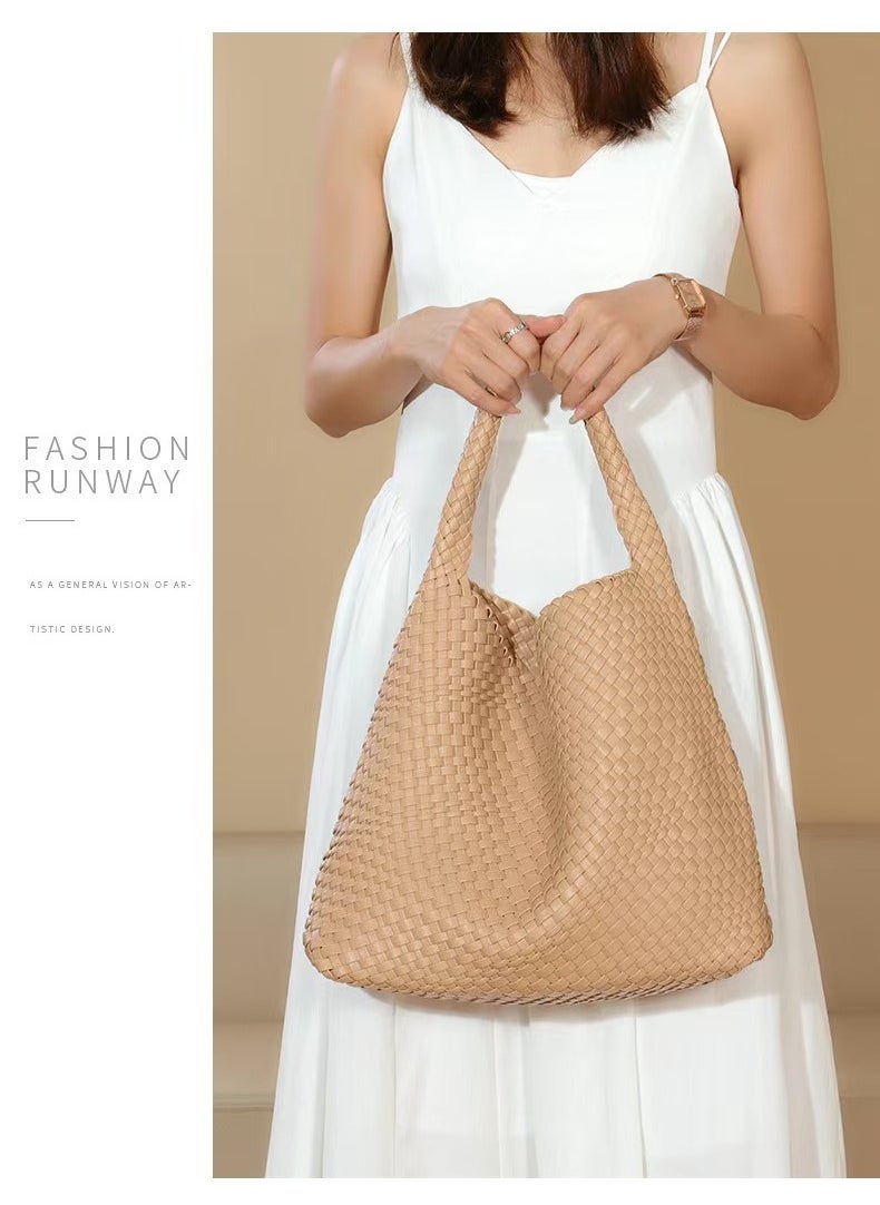 Woven Purse for Women Top-handle Shoulder Bag Soft Tote Bag & Clutch Set- Apricot