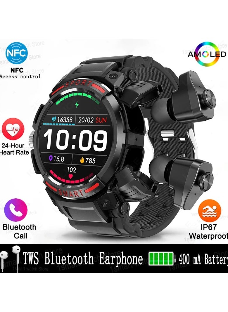 Smart Watch for Men with TWS Bluetooth Earphones Waterproof AMOLED HD Screen Smartwatch with Speaker Music Tracker and Sports Features