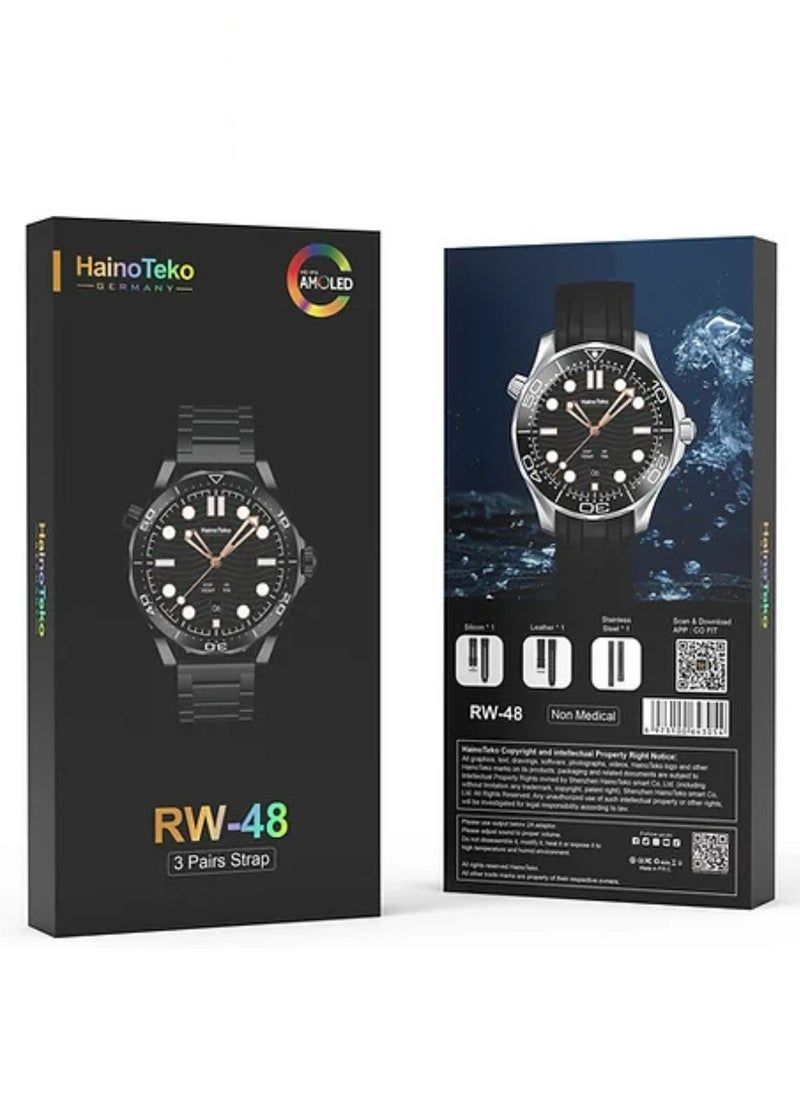 RW-48 3 Pairs Strap HD IPS Amolded  Smartwatch (Silicone+Leather+Stainless Steel)_Silver