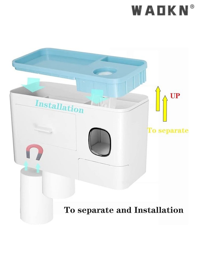 Toothpaste Dispenser Wall Mount Toothbrush Holder for Bathroom ,2Cups and 1Drawer Storage Box,6 Toothbrush Slot ,Blue Toothbrush Holder Set