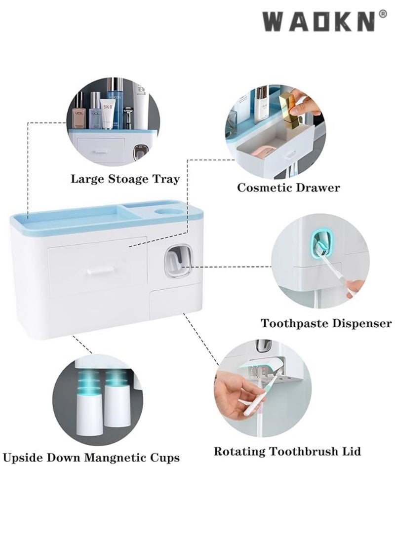 Toothpaste Dispenser Wall Mount Toothbrush Holder for Bathroom ,2Cups and 1Drawer Storage Box,6 Toothbrush Slot ,Blue Toothbrush Holder Set