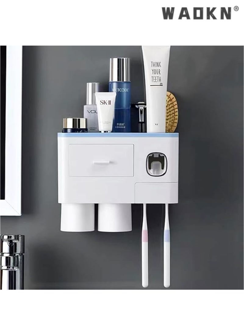 Toothpaste Dispenser Wall Mount Toothbrush Holder for Bathroom ,2Cups and 1Drawer Storage Box,6 Toothbrush Slot ,Blue Toothbrush Holder Set