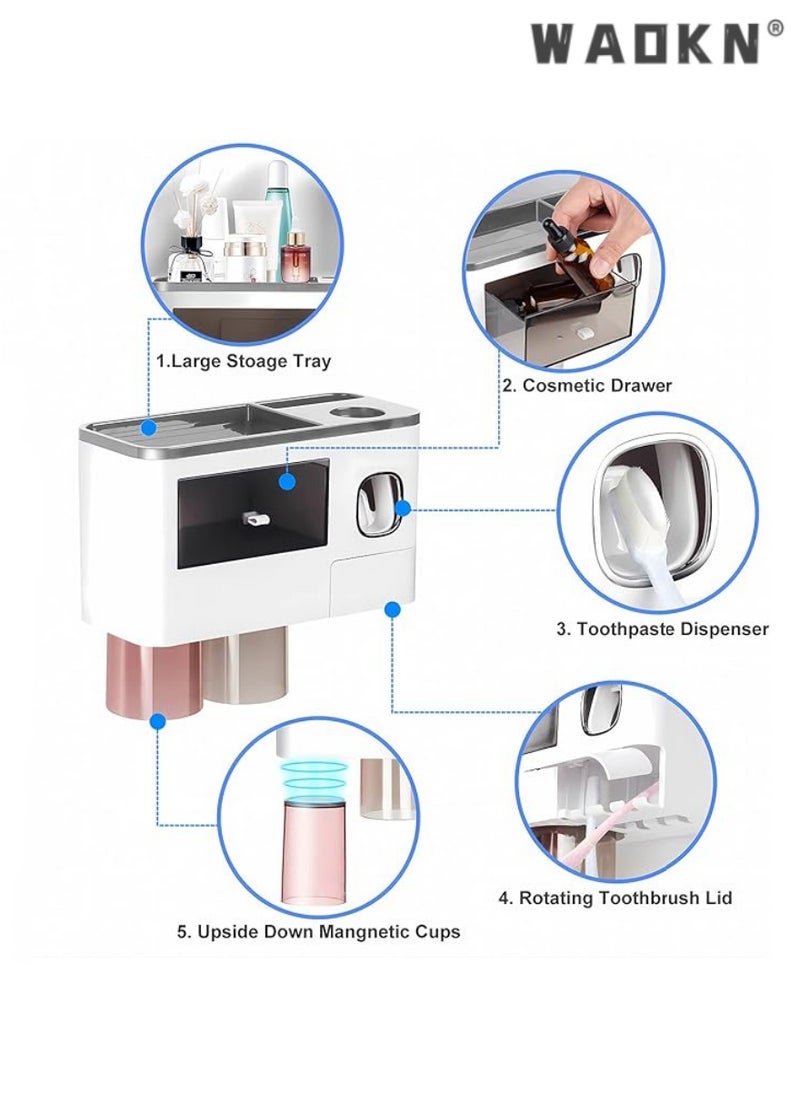 Toothpaste Dispenser Wall Mount Toothbrush Holder for Bathroom ,2Cups and 1Drawer Storage Box,6 Toothbrush Slot ,Grey Toothbrush Holder Set