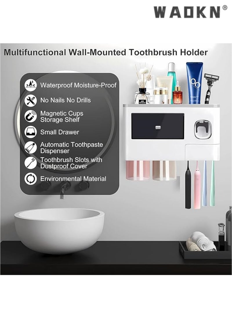 Toothpaste Dispenser Wall Mount Toothbrush Holder for Bathroom ,2Cups and 1Drawer Storage Box,6 Toothbrush Slot ,Grey Toothbrush Holder Set