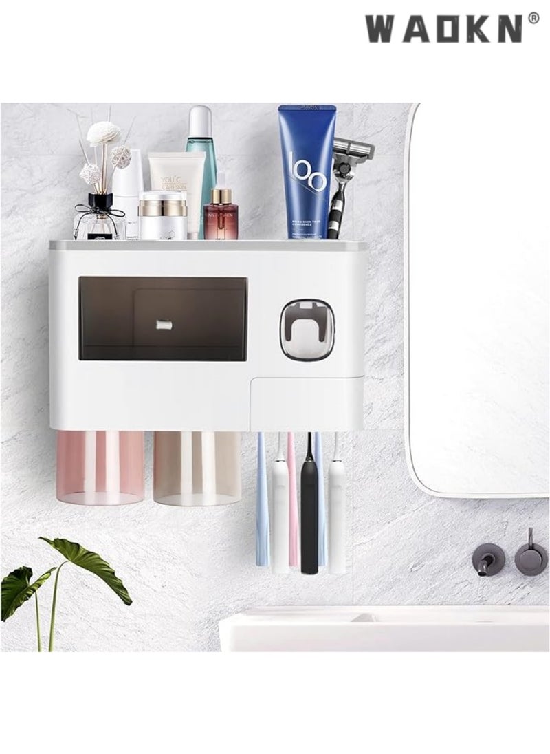 Toothpaste Dispenser Wall Mount Toothbrush Holder for Bathroom ,2Cups and 1Drawer Storage Box,6 Toothbrush Slot ,Grey Toothbrush Holder Set