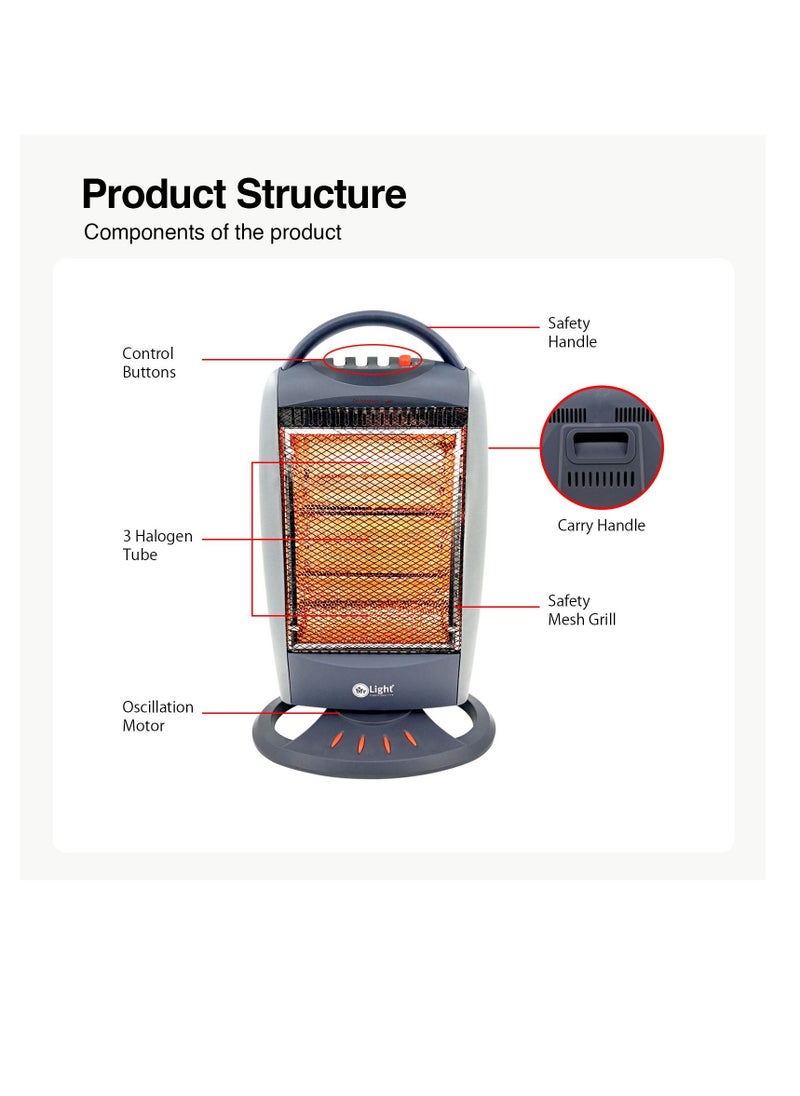 Mr.Light 3 Bar Halogen Heater with Carry Handle, Safety Tip-Over Switch, 1200W, Gray