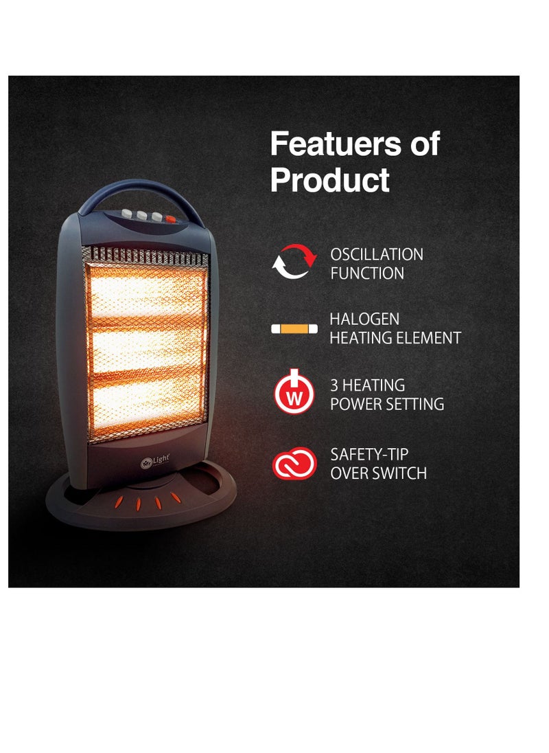 Mr.Light 3 Bar Halogen Heater with Carry Handle, Safety Tip-Over Switch, 1200W, Gray