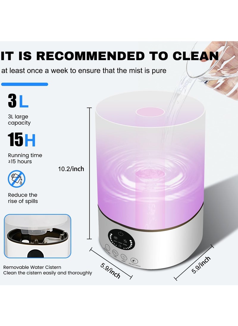 Necomi 3L Bedroom Humidifier with 7-Color Lights, Cool Mist Humidifier Suitable for Home, Office, with Remote Control for Timed Automatic Shutdown, 360 °Rotating Dual Nozzles, Silent Operation