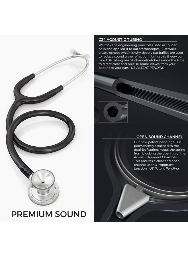 , Procardial Cardiology Stethoscope, Stainless Steel, Adult, Dual Head, Black Tube, Black Chestpiece-Headset, Mdf797Bo