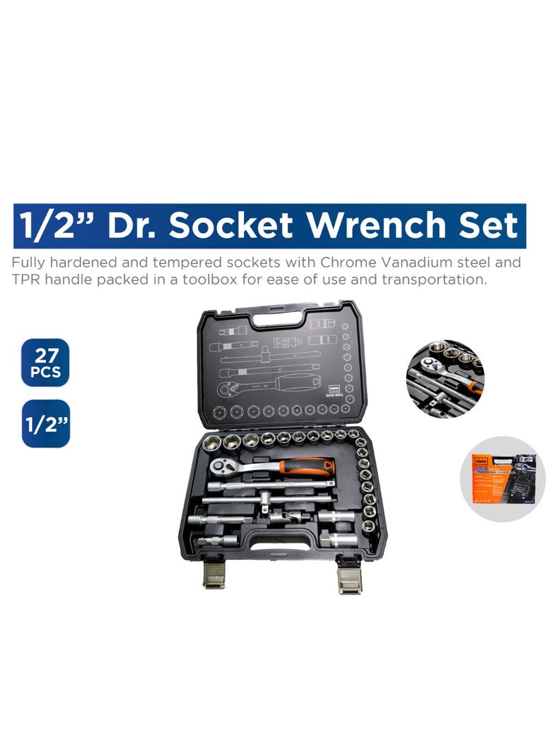 Socket Set 1/2″    Fully hardened and tempered sockets with chrome vanadium steel and a TPR handle are packed in a toolbox for ease of use and transportation.