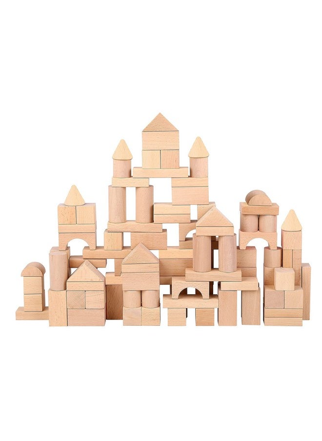 Wooden Blocks - 100 Pcs - Building Blocks For Toddlers - Includes Storage Container With Shape Sorter Lid - Natural Beech Wood Blocks - Preschool Learning Toys Stacking Block