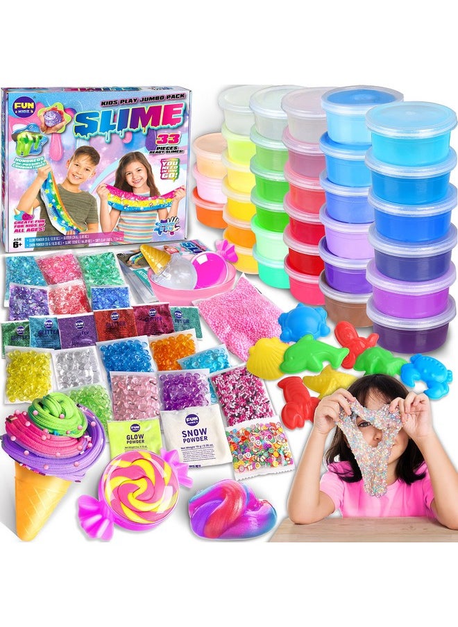 33 Cups Jumbo Slime Kit For Kids, Funkidz Premade Ultimate Slime Pack To Diy Soft, Cloud, Clear, Butter, Glitter, Glow In Dark Slime Making Kits Super Slime Party Favors Gift Toys For Girls And Boys