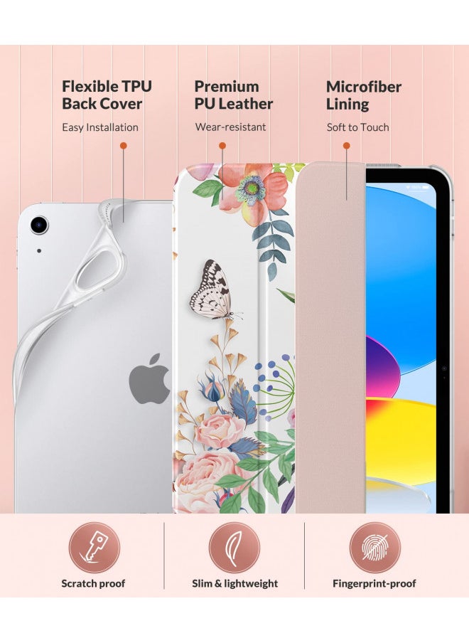 MoKo Case for iPad 10th Generation 10.9-inch 2022, Soft TPU Translucent Frosted Back Protective Smart Case, Auto Wake/Sleep, Support Touch ID, Fragrant Flowers