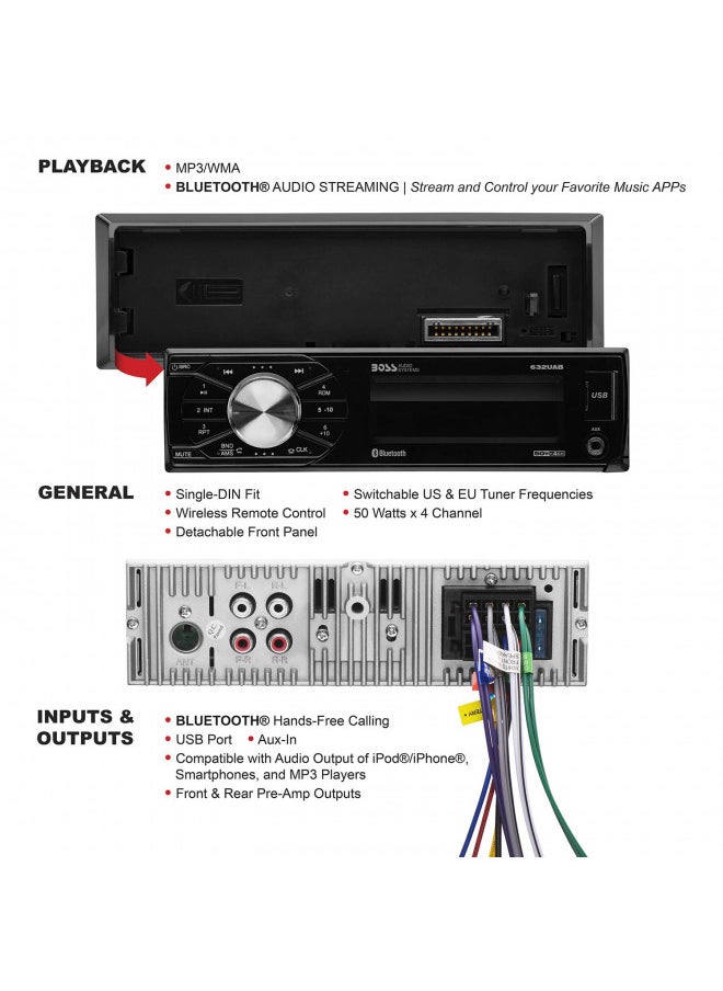 BOSS Audio Systems 632UAB Single Din Car Stereo - Bluetooth Audio, Hands-Free Calling, Microphone, MP3 Player, USB Port, AUX Input, AM/FM Radio