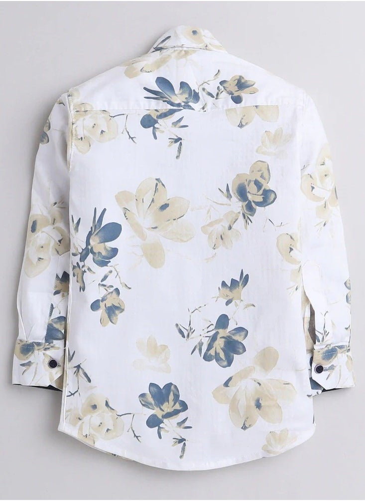 Polka Tots Full Sleeves Shirt Yellow Blue Floral Print - White