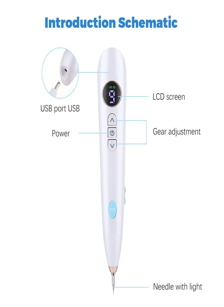 Mole Laser Pointer, Spot Eraser with 9 Modes and LCD Display, Replaceable Needle, USB Rechargeable Mole Removal Pen Skin Tag Removal Tool for Warts Spots Tattoos Body Freckles