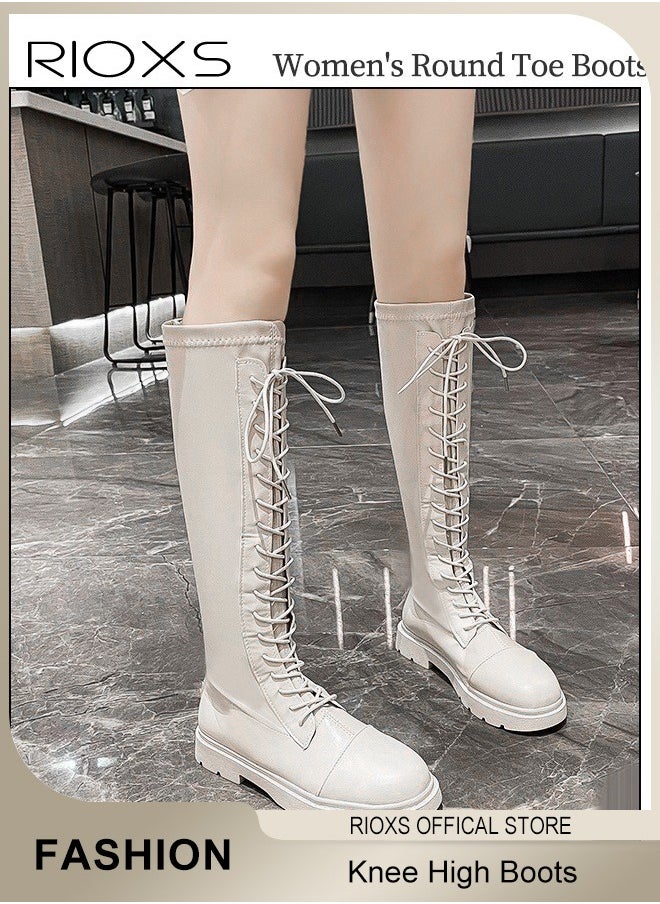 Women's Over The Knee High Boots, Ladies Classic Thigh High Boots, Side Zipper Lace-up Thick Mid-heel Rider Boots, Long Tube Knee-Length Boots, Versatile Enough to Suit Various Occasions