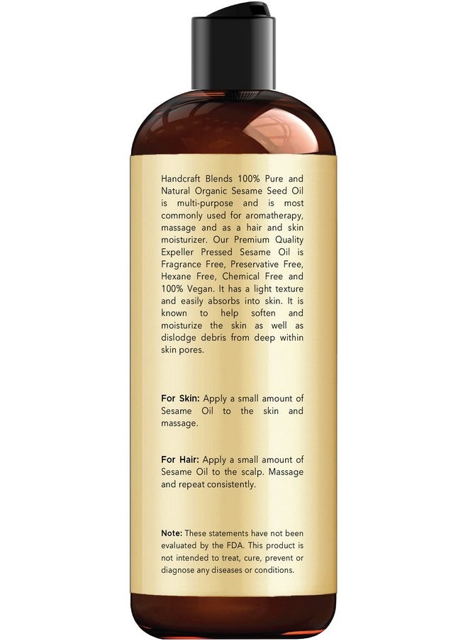 Organic Sesame Oil - 8 Fl Oz - 100% Pure And Natural - Premium Grade Hair And Body Oil - Carrier Oil - Massage Oil - Expeller-Pressed And Hexane-Free