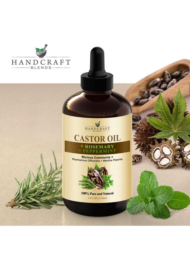 Castor Oil With Rosemary And Peppermint Oil In Glass Bottle - 4 Fl Oz - 100% Pure And Natural - Premium Grade Oil For Hair Growth, Eyelashes And Eyebrows - Carrier, Hair And Body Oil