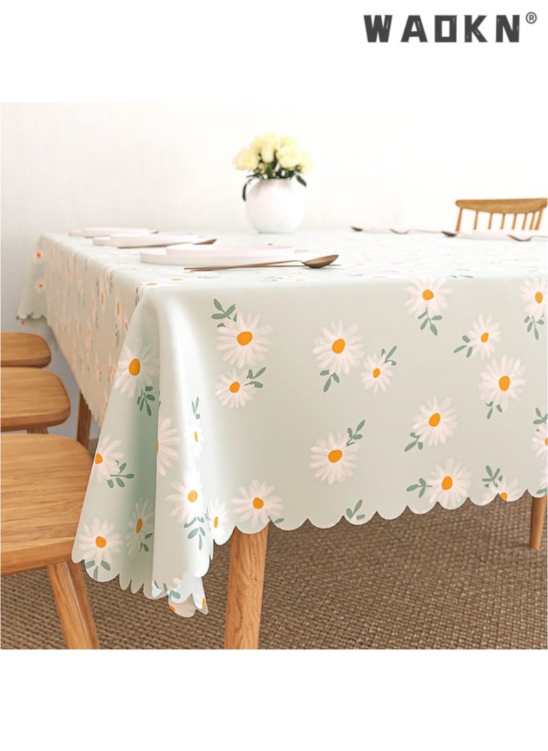 PVC Dining Table Cover with Enhanced Durability - Large Plastic Tablecloth for 4-Person Table, Featuring Vibrant Green Daisy Flower Print, Oil-Resistant & Waterproof for Extended Protection & Easy Maintenance