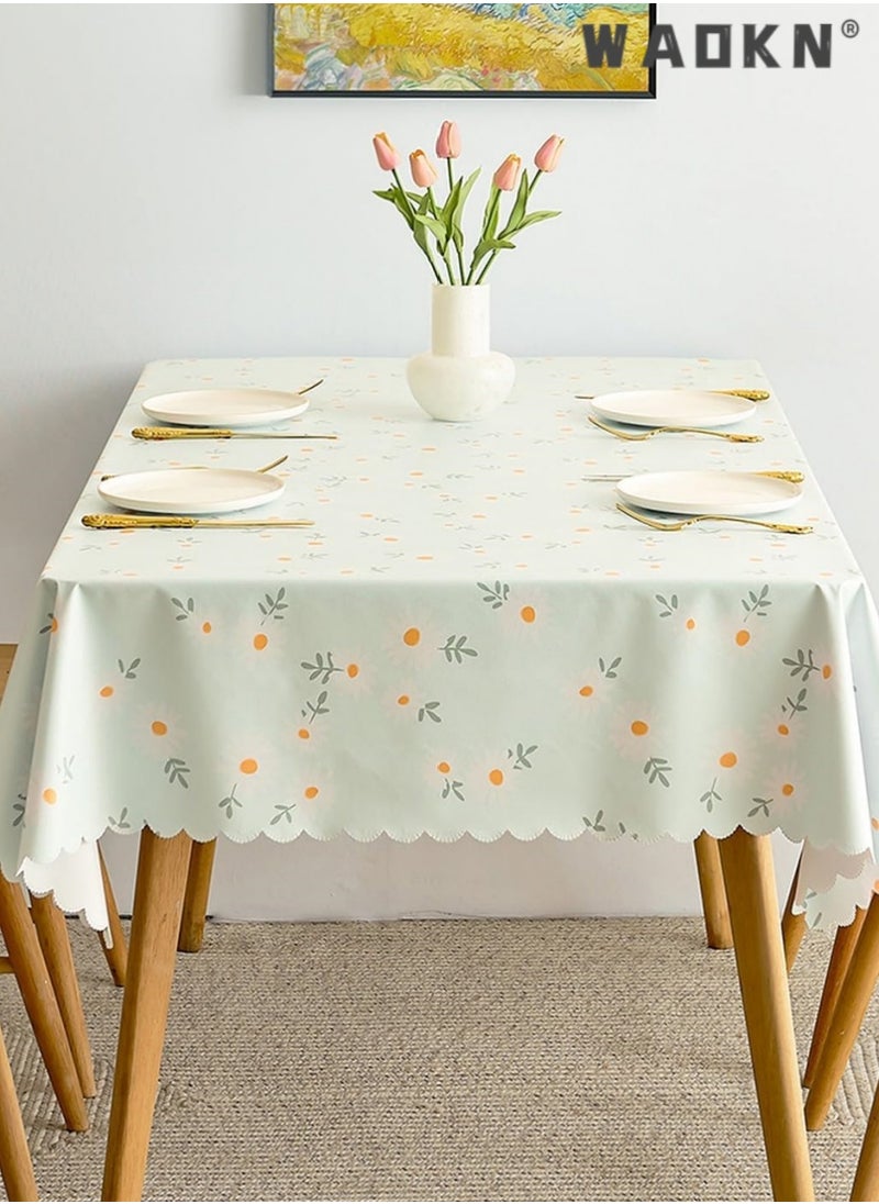 PVC Dining Table Cover with Enhanced Durability - Large Plastic Tablecloth for 4-Person Table, Featuring Vibrant Green Daisy Flower Print, Oil-Resistant & Waterproof for Extended Protection & Easy Maintenance