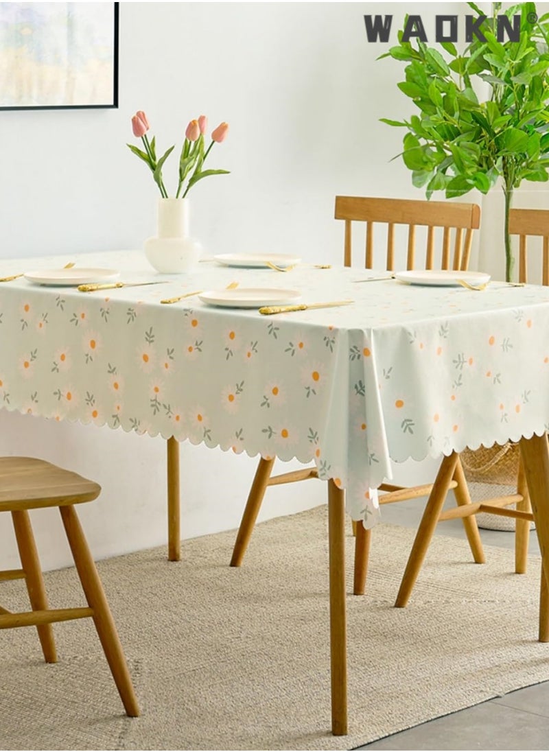 PVC Dining Table Cover with Enhanced Durability - Large Plastic Tablecloth for 4-Person Table, Featuring Vibrant Green Daisy Flower Print, Oil-Resistant & Waterproof for Extended Protection & Easy Maintenance