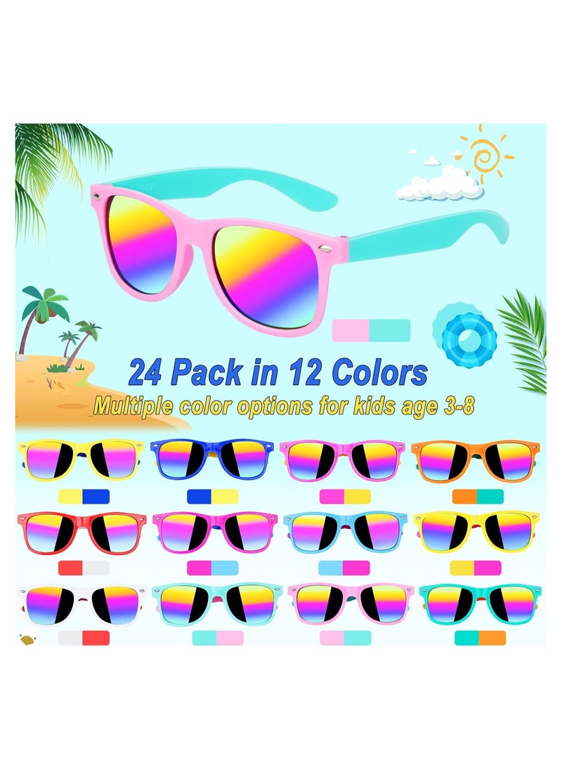 Magic4U Kids Sunglasses Bulk, 24 Pack Kids Neon Sunglasses Party Favors with UV400 Proctection, 80s 90s Retro Sunglasses for Boys Girls Age 3-8, Beach Pool Birthday Party Supplies Gifts.