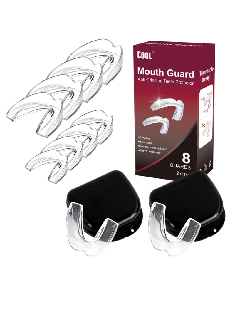 Cool Mouth Guard for Grinding Teeth at Night Guards for Teeth Grinding Mouth Guard for Teeth Clenching, 8 Pcs Bite Guard for Teeth Clenching Nighttime, 2 Sizes, BPA Free, 2 Retainer Cases Included