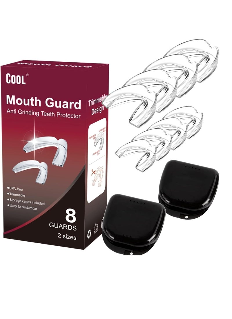 Cool Mouth Guard for Grinding Teeth at Night Guards for Teeth Grinding Mouth Guard for Teeth Clenching, 8 Pcs Bite Guard for Teeth Clenching Nighttime, 2 Sizes, BPA Free, 2 Retainer Cases Included