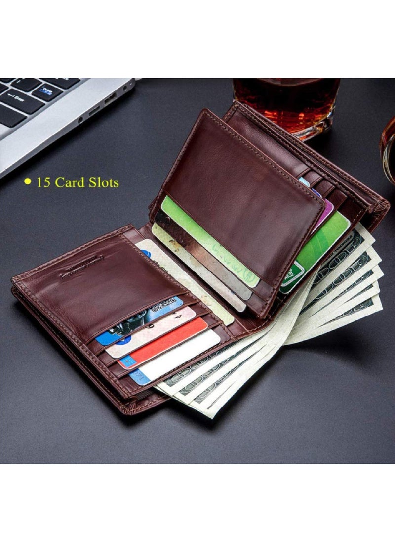 Men's Genuine Leather Wallet   RFID Blocking Wallet 14 Card Slots  1 ID Window and Large Capacity Can Hold 50 Currency Notes