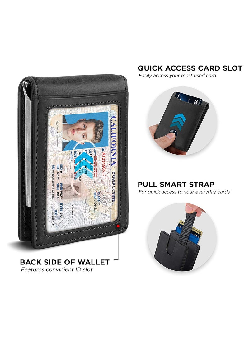 Genuine Leather Money Clip Wallet Slim Front Pocket RFID Blocking Card Holder Minimalist Mini Bifold for Men's with Smart Pull Strap  8 Card Slots 1 Photo ID Black