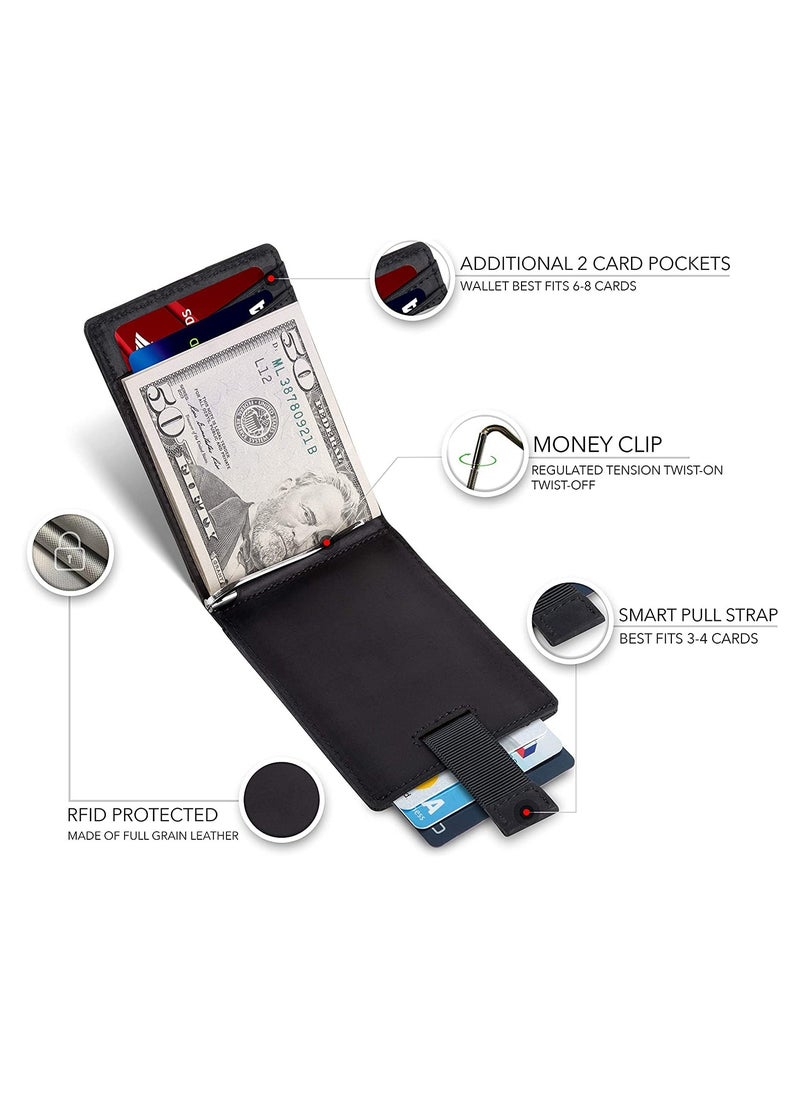 Genuine Leather Money Clip Wallet Slim Front Pocket RFID Blocking Card Holder Minimalist Mini Bifold for Men's with Smart Pull Strap  8 Card Slots 1 Photo ID Black