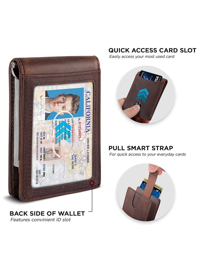 Genuine Leather Money Clip Wallet Slim Front Pocket RFID Blocking Card Holder Minimalist Mini Bifold for Men's with Smart Pull Strap  8 Card Slots 1 Photo ID Black