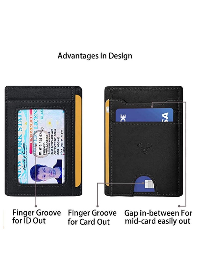 Genuine Leather Slim Wallet RFID Blocking Skinny Minimal Thin Front Pocket Wallet Sleeve Card Holder for Men 7 Card Slots 1 ID Window